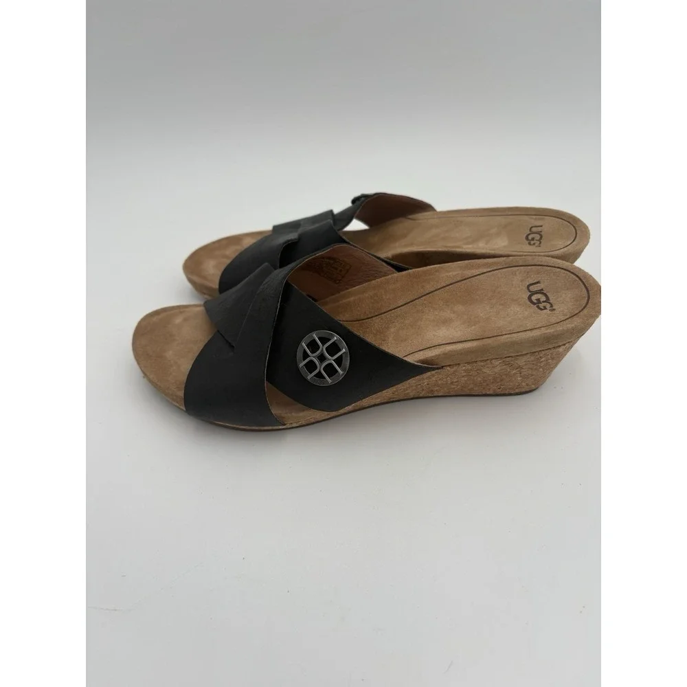 UGG Lyra‎ Sandals Black Leather Cross Straps Wedge Open Round Toe Size 8